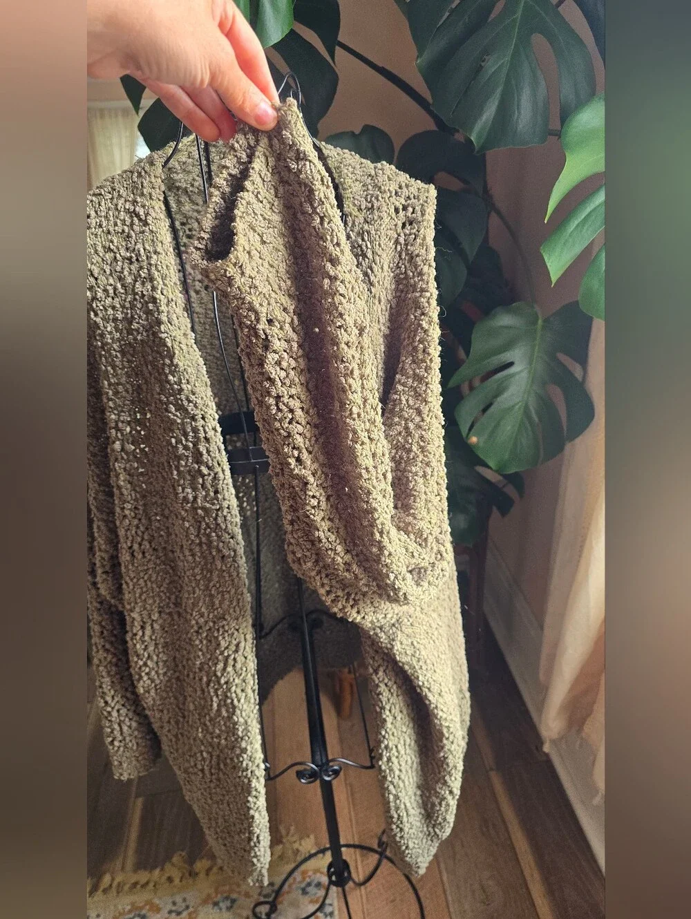 Boutique Olive Green Chunky Popcorn Knit Cocoon Cardigan Lantern Sleeve XL